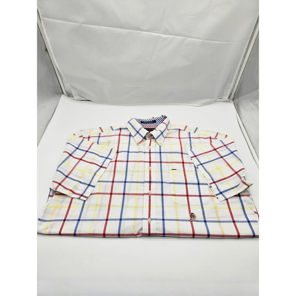 Tommy Hilfiger Shirt Men XLarge White Check Short Sleeve Logo Crest Patriotic